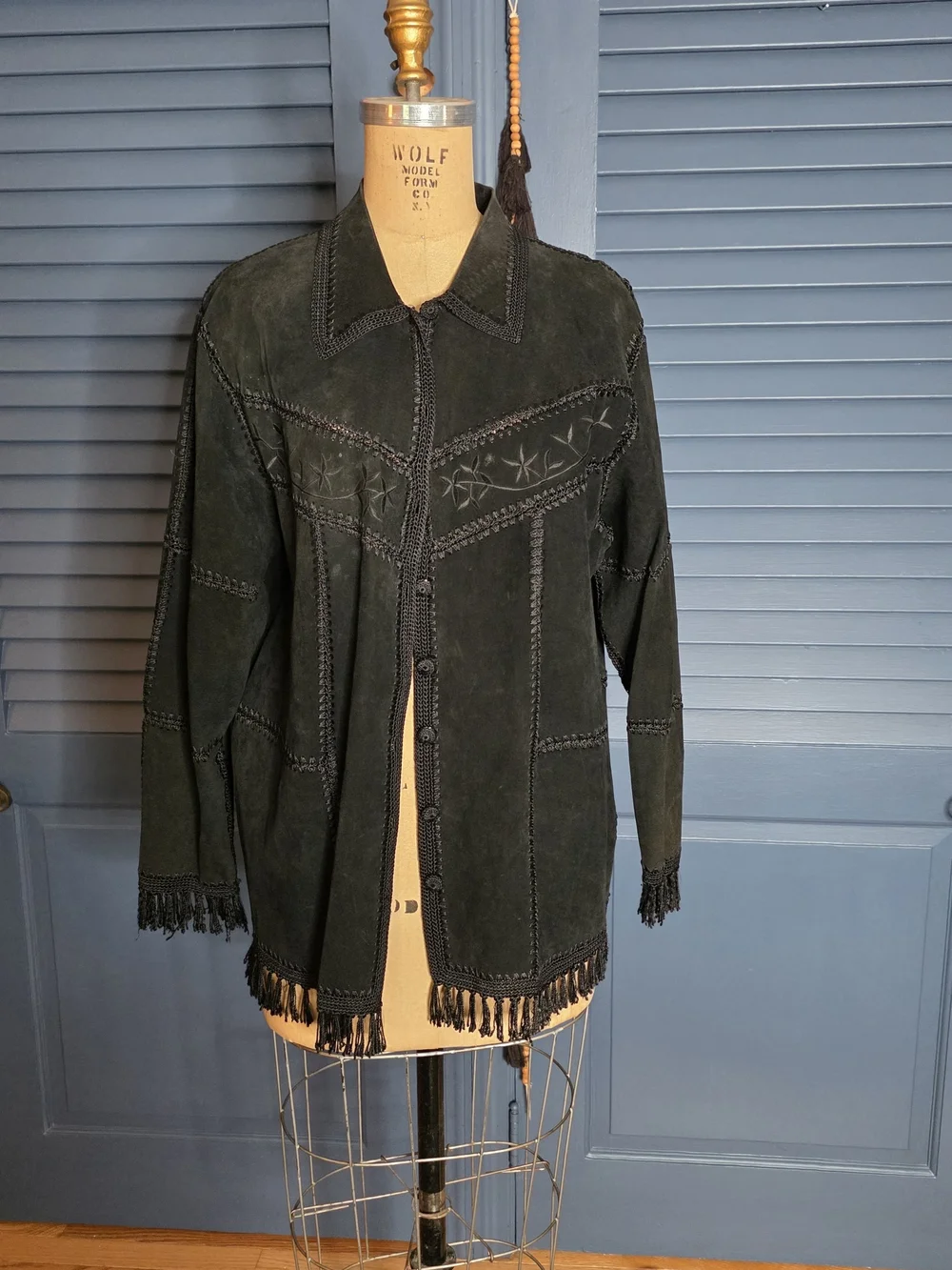 VTG Dressbarn Black Suede Leather Patchwork Western Fringe Jacket Boho 16W